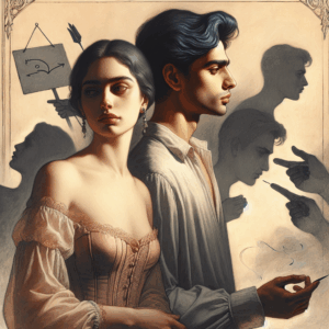 A subtle, artistic illustration of a couple with visible distance between them, symbolizing emotional detachment, surrounded by hidden, shadowy signals of potential infidelity. Soft, muted colors and a mysterious ambiance depict the underlying tension.