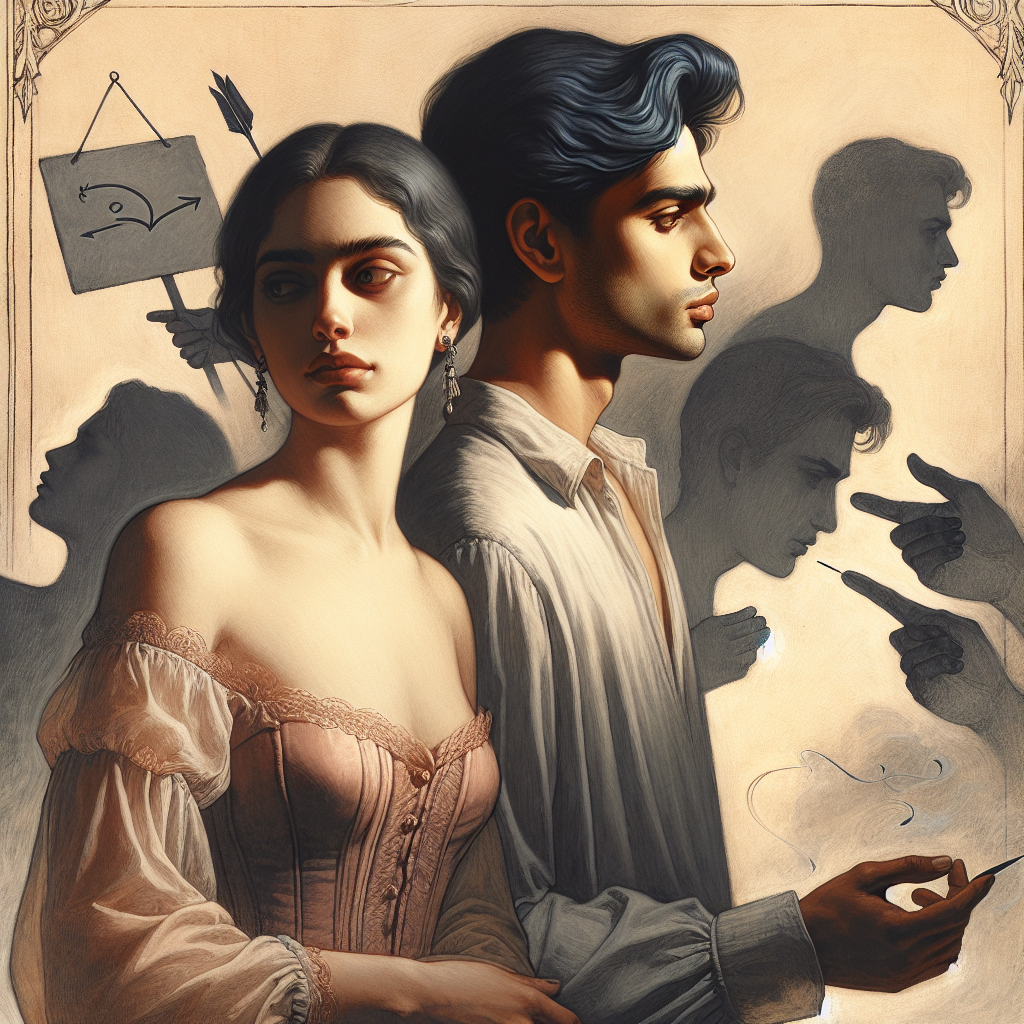 A subtle, artistic illustration of a couple with visible distance between them, symbolizing emotional detachment, surrounded by hidden, shadowy signals of potential infidelity. Soft, muted colors and a mysterious ambiance depict the underlying tension.