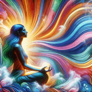An abstract illustration depicting the concept of gooning, showing a person in a state of blissful trance surrounded by colorful waves symbolizing extended pleasure and sensation, with a soft and comforting color palette.