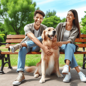 A happy, energetic golden retriever dog sitting playfully beside a young couple on a park bench, representing joy and loyalty in relationships.
