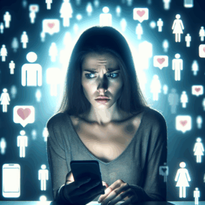 A worried person sitting with a phone in hand, looking skeptically at the screen, while silhouettes of dating app icons float above their head, representing suspicion and concern about digital infidelity.