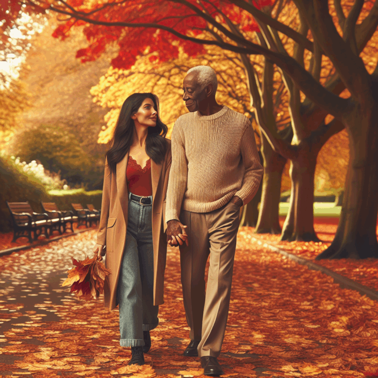 A romantic couple of different ages walking hand in hand in a picturesque park during autumn, with golden leaves falling around them, symbolizing timeless love and connection.