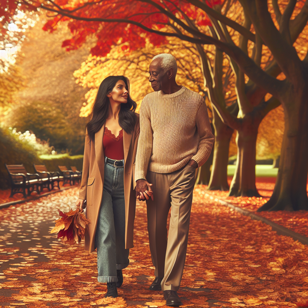 A romantic couple of different ages walking hand in hand in a picturesque park during autumn, with golden leaves falling around them, symbolizing timeless love and connection.