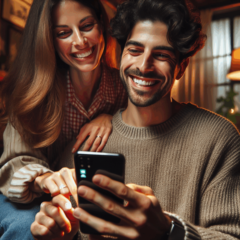 Un couple souriant utilisant une application mobile ensemble dans un salon cosy, ambiance chaleureuse et intime, avec un smartphone affichant une application de couple.