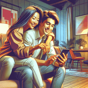 A happy couple using a mobile app together at home, modern and cozy environment, engaging in interactive activities related to relationship improvement and communication, warm tones, realistic style.