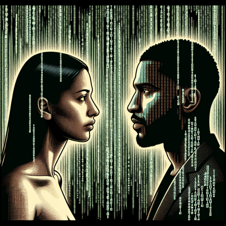 An illustration of a couple facing each other, with a digital matrix background symbolizing online activity and secrets. The couple is in a moment of tension and uncertainty, representing the theme of trust and online infidelity.