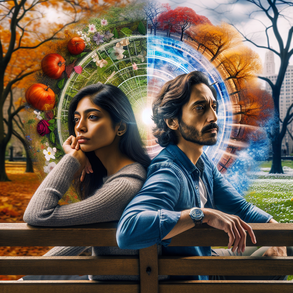 A couple sitting on a park bench, looking contemplative and distant from each other. The background shows different seasons to symbolize the passing of time, with leaves changing colors, depicting years passing in a relationship.