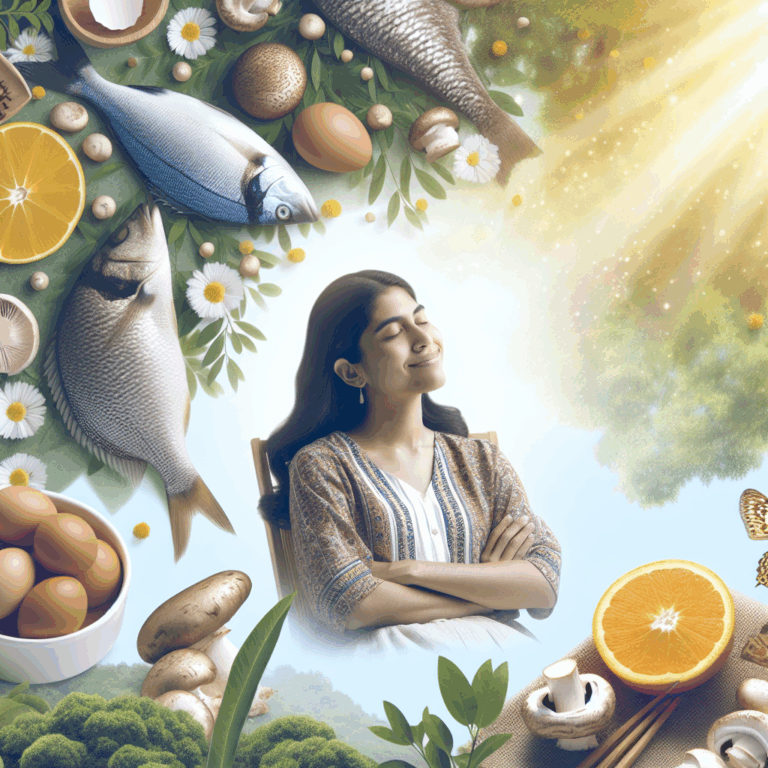 A serene image of a woman enjoying sunlight, surrounded by vitamin D-rich foods like fish, mushrooms, and eggs, symbolizing health and natural balance, with an aura of calmness and wellness.