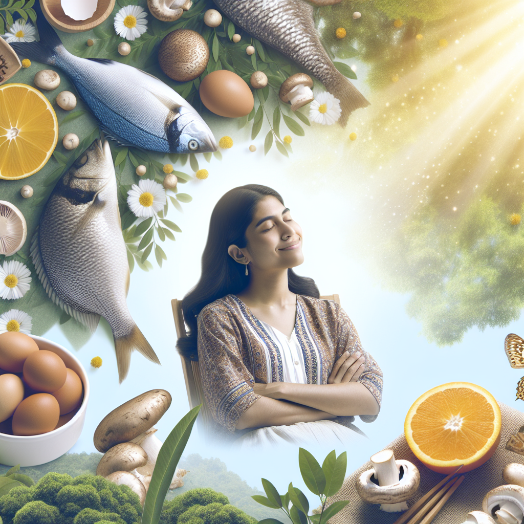 A serene image of a woman enjoying sunlight, surrounded by vitamin D-rich foods like fish, mushrooms, and eggs, symbolizing health and natural balance, with an aura of calmness and wellness.