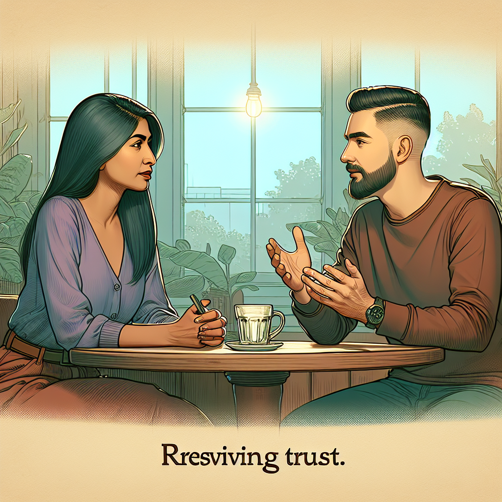 An illustrative depiction of a couple engaged in a deep and honest conversation, sitting across from each other at a café table. The focus is on their expressions and body language showing attentive and open communication. The setting should be calm and inviting, with soft colors and a warm ambiance, symbolizing the restoration of trust and clear communication in a relationship.