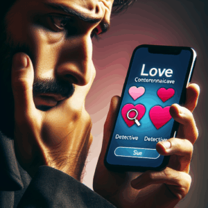 A concerned individual looking at a smartphone screen with Tinder and Cheaterbuster logos subtly in the background, symbolizing trust and privacy issues in modern relationships.