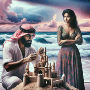 A couple standing on a beach, one partner building a beautiful sandcastle while the other looks uncertain, waves in the background symbolizing the fragility of unfulfilled promises.
