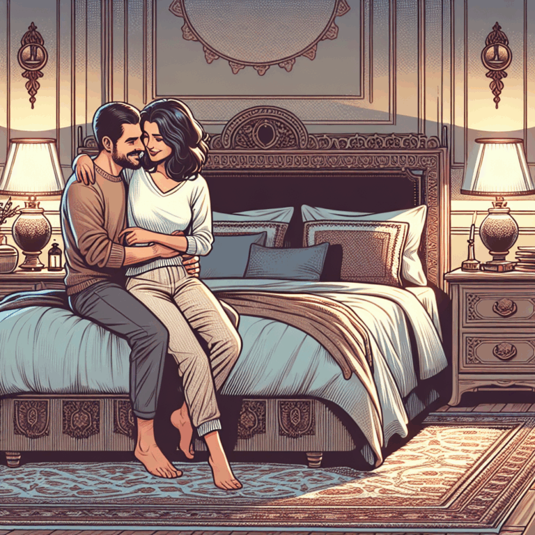 A stylish and artistic illustration of a couple engaging in an intimate and playful moment, with a focus on highlighting affection and connection, set in a cozy and romantic bedroom environment.