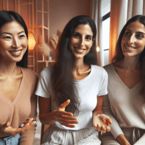 A diverse group of women, smiling and appearing confident, engaging in a positive and open discussion about intimate and sexual health in a comfortingly warm and modern setting. The atmosphere conveys understanding, education, and empowerment.