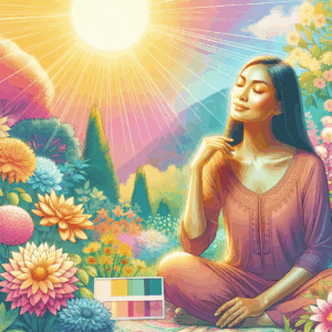 A serene woman enjoying sunlight, illustrating the connection between vitamin D and managing premenstrual syndrome, with a background of blooming flowers symbolizing balance and well-being.