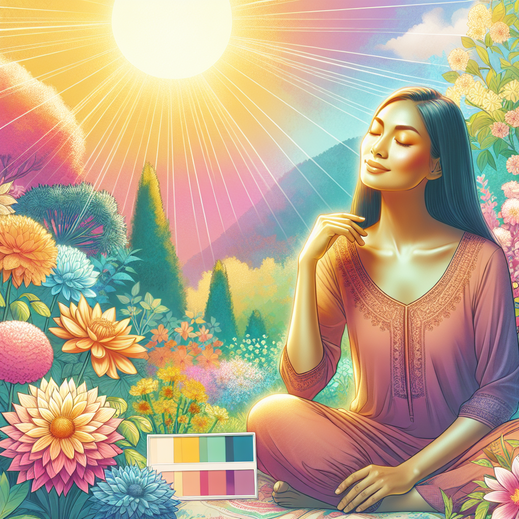 A serene woman enjoying sunlight, illustrating the connection between vitamin D and managing premenstrual syndrome, with a background of blooming flowers symbolizing balance and well-being.