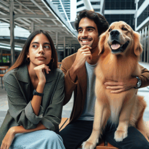 A couple representing the 'golden retriever boyfriend' trend: a joyful and carefree young man with a loyal and supportive demeanor, paired with an introverted and thoughtful partner, in a modern urban setting.