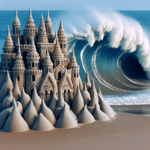 A delicate and beautiful sandcastle on a beach, with a big wave approaching in the background, symbolizing fragility and imminent collapse, metaphor for relationship issues.