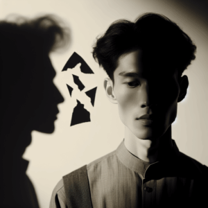 A subtle and introspective image depicting a person with a shadow reflecting fractured relationships, symbolizing trust issues and infidelity, with soft lighting to create an atmosphere of contemplation.