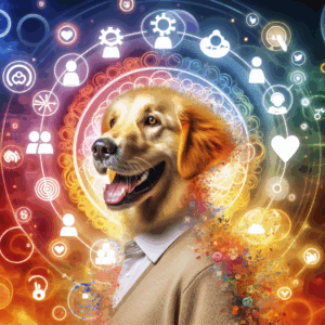 A friendly and cheerful person embodying the traits of a golden retriever on a lively social media background, symbolizing joyful partnership and positive energy.