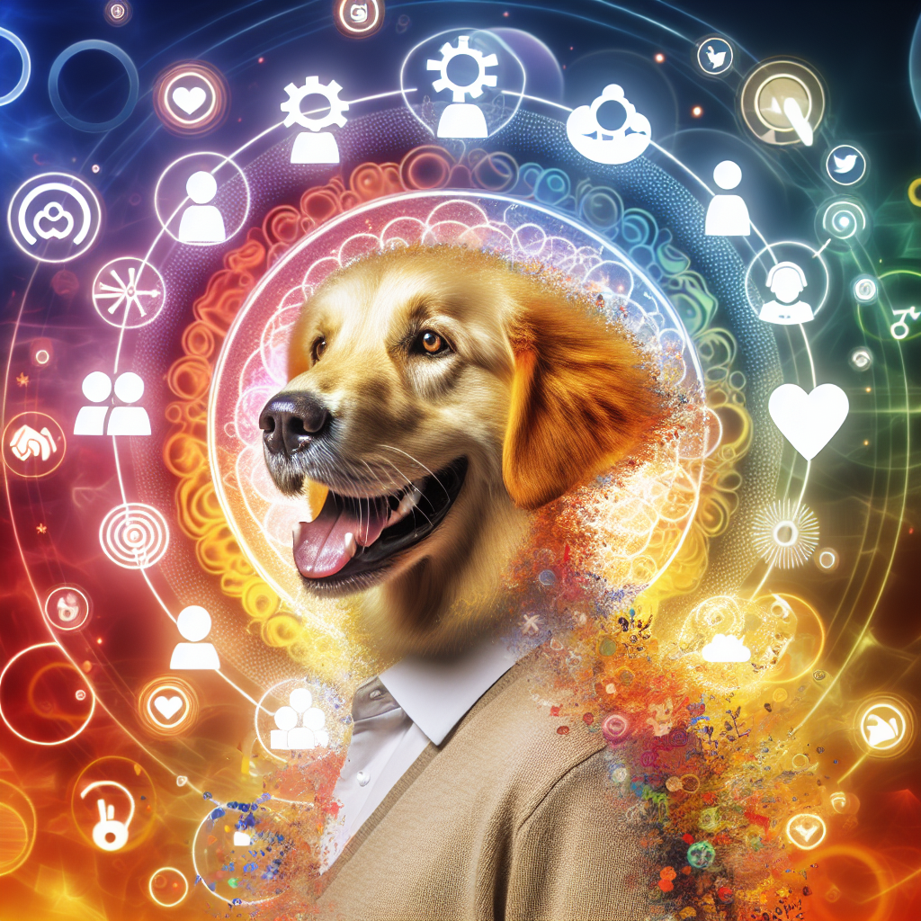 A friendly and cheerful person embodying the traits of a golden retriever on a lively social media background, symbolizing joyful partnership and positive energy.