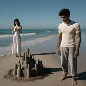 A couple standing on a beach with a sandcastle in the foreground symbolizing fragile promises, looking concerned as the tide begins to rise.