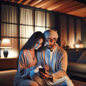 A couple using a smartphone together in a cozy living room, symbolizing connection and technology. Soft lighting, warm atmosphere, modern decor, with a subtle focus on the phone displaying an application for couples.