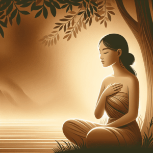 A serene and empowering illustration of a woman in a peaceful, private setting, engaging in self-exploration and embracing her body. The atmosphere should be calm, with soft, warm lighting, symbolizing self-acceptance and discovery.