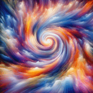 A serene, abstract digital painting depicting a swirling vortex of colorful, ethereal energy, symbolizing the intensity and prolonged state of euphoria associated with the gooning technique in sexual expression.
