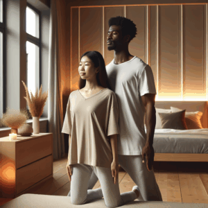 A couple engaging in the 'dragon standing' position, with one partner standing behind the other who is on the edge of a bed. Both appear comfortable and focused, with a modern bedroom setting; warm and intimate atmosphere with neutral tones.
