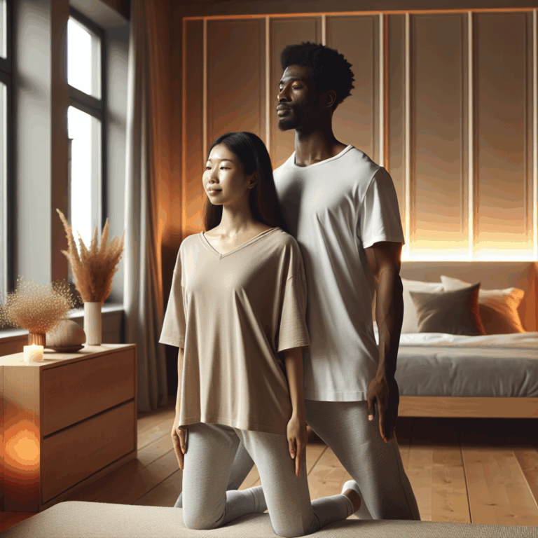 A couple engaging in the 'dragon standing' position, with one partner standing behind the other who is on the edge of a bed. Both appear comfortable and focused, with a modern bedroom setting; warm and intimate atmosphere with neutral tones.