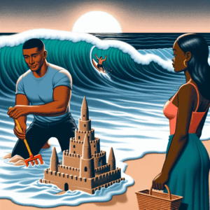 Illustration d'un couple sur la plage, où l'un des partenaires construit un château de sable majestueux qui commence à s'effondrer. L'océan en arrière-plan symbolise la montée de la marée, métaphore des défis relationnels.