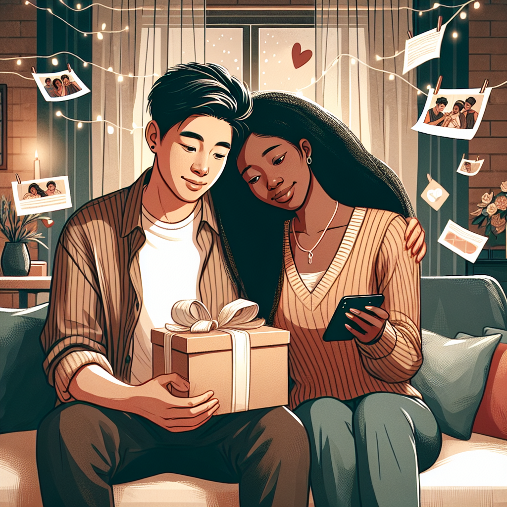 A romantic illustration of a couple, focusing on subtle gestures of love and connection such as texting, giving thoughtful gifts, and recalling shared memories, set against a warm, intimate background.