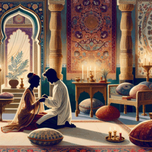 A sensual illustration of a couple practicing Pompoir, with an emphasis on intimacy and connection, set in a softly lit room with an ancient Indian touch to reflect the practice's origins.