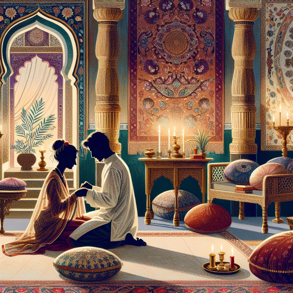 A sensual illustration of a couple practicing Pompoir, with an emphasis on intimacy and connection, set in a softly lit room with an ancient Indian touch to reflect the practice's origins.