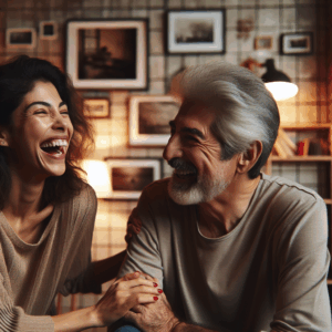 A diverse couple, one partner significantly older, sitting together in a cozy, warmly lit home. They share a laugh, surrounded by books and photographs, symbolizing a shared life despite age differences. The setting is intimate and modern, reflecting harmony and love.