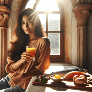 A woman sitting by a window with sunlight streaming in, holding a glass of orange juice, surrounded by natural sources of vitamin D such as fish, eggs, and mushrooms, symbolizing health and wellness in managing premenstrual syndrome.