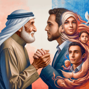 A diverse couple holding hands and looking into each other's eyes with a serene expression, symbolizing love without age barriers; the background shows a blend of youthful and mature elements, capturing the essence of timeless relationships.