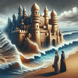 A conceptual image showing a sandcastle being washed away by waves, symbolizing unstable romantic promises, with a couple standing nearby, expressing concern and reflection.