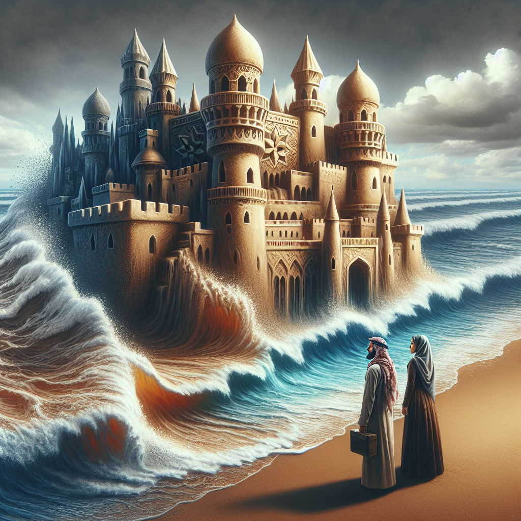 A conceptual image showing a sandcastle being washed away by waves, symbolizing unstable romantic promises, with a couple standing nearby, expressing concern and reflection.