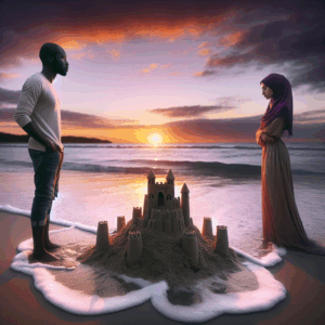 A couple standing on a beach at sunset, looking at a sandcastle that is being washed away by the tide, symbolizing fragile promises in a relationship, with soft lighting and gentle waves.