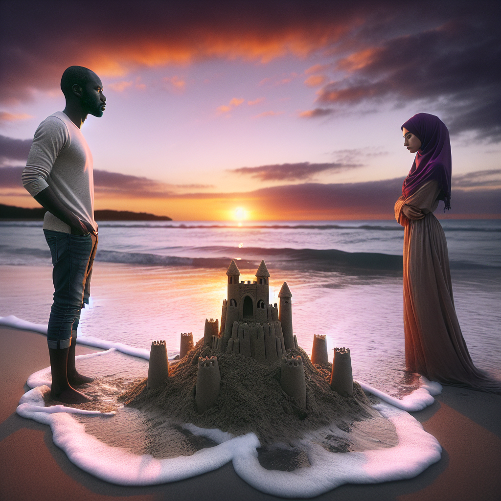 A couple standing on a beach at sunset, looking at a sandcastle that is being washed away by the tide, symbolizing fragile promises in a relationship, with soft lighting and gentle waves.