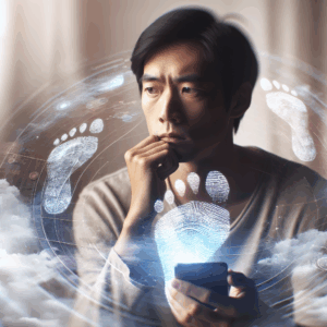 A thoughtful person holding a smartphone, looking pensive and concerned, sitting in a quiet room with soft lighting. An abstract representation of digital footprints and privacy in the air around them.