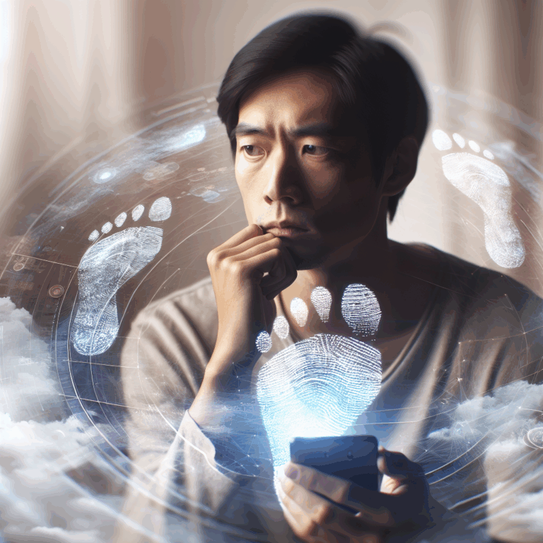 A thoughtful person holding a smartphone, looking pensive and concerned, sitting in a quiet room with soft lighting. An abstract representation of digital footprints and privacy in the air around them.