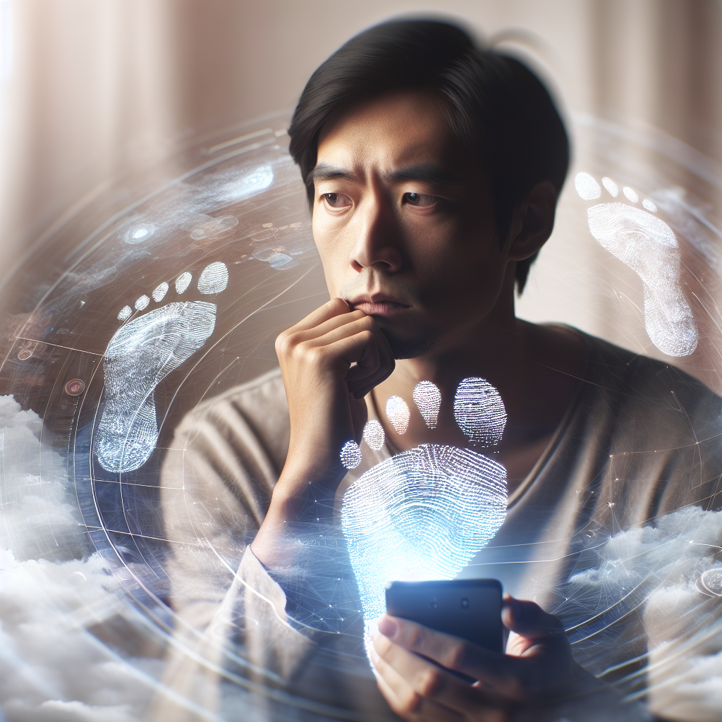 A thoughtful person holding a smartphone, looking pensive and concerned, sitting in a quiet room with soft lighting. An abstract representation of digital footprints and privacy in the air around them.