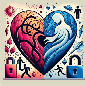 A symbolic illustration of infidelity showing a split heart where one side is clear and bright, and the other is shadowed and hidden, with abstract representations of deceptive behaviors like mobile phone secrecy and emotional detachment.
