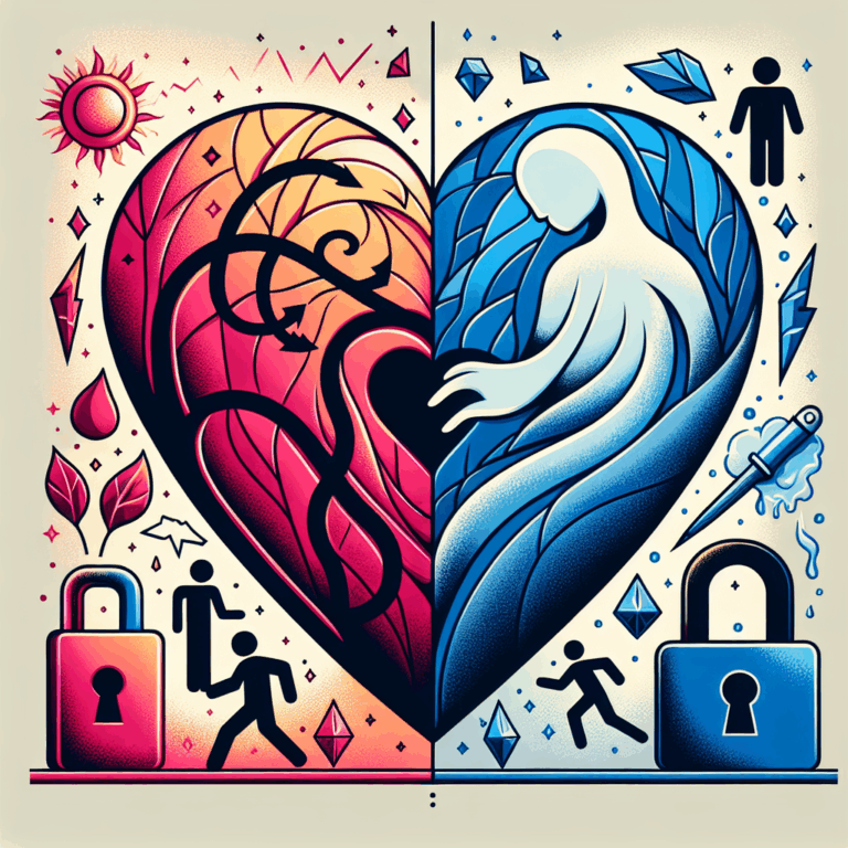 A symbolic illustration of infidelity showing a split heart where one side is clear and bright, and the other is shadowed and hidden, with abstract representations of deceptive behaviors like mobile phone secrecy and emotional detachment.