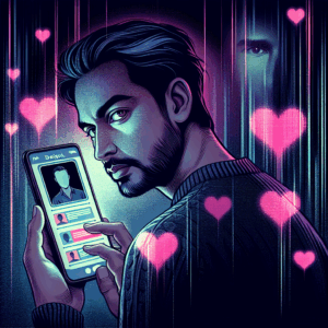 Illustration of a suspicious person secretly checking a dating app on a smartphone, with a background suggesting a digital and secretive atmosphere.