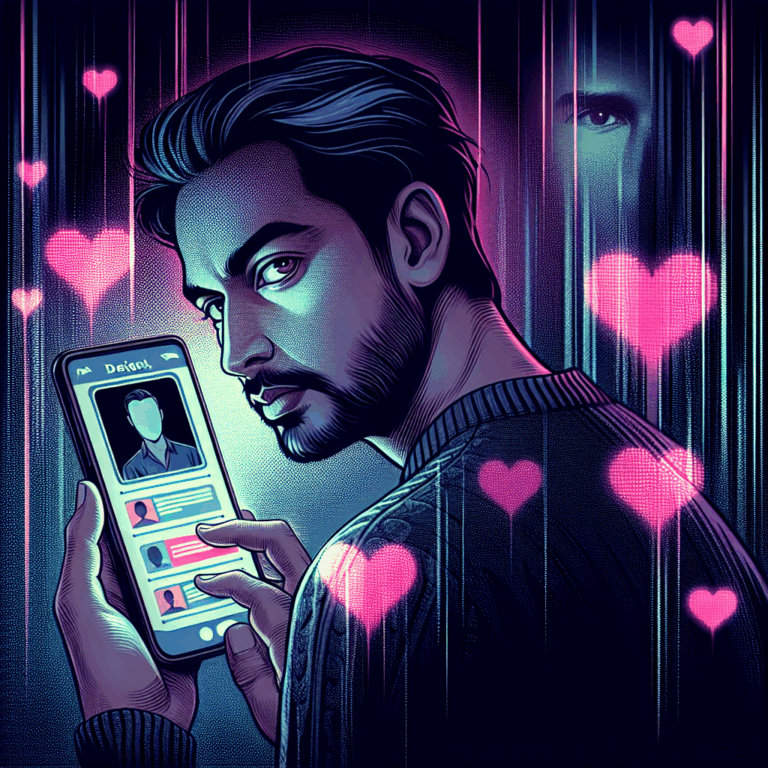 Illustration of a suspicious person secretly checking a dating app on a smartphone, with a background suggesting a digital and secretive atmosphere.