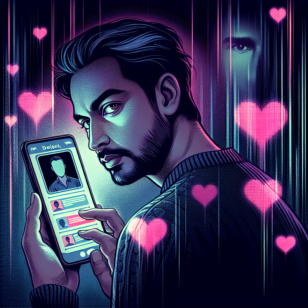 Illustration of a suspicious person secretly checking a dating app on a smartphone, with a background suggesting a digital and secretive atmosphere.